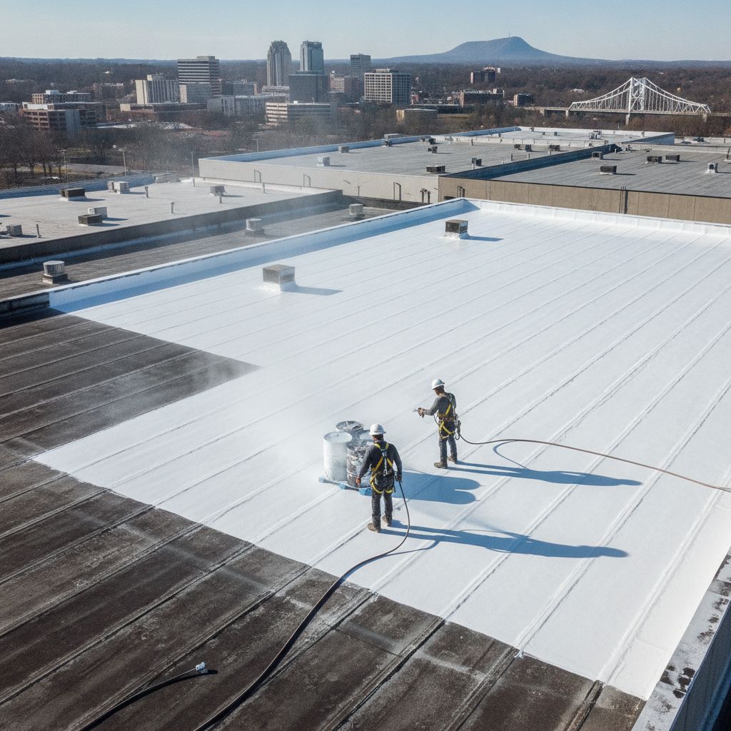 Commercial roof coating application on a flat roof in Greenville SC