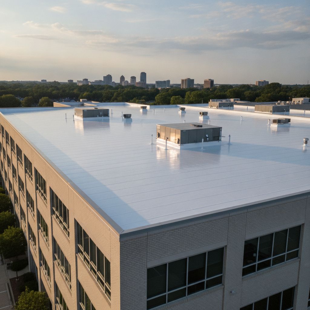 Completed white silicone roof coating on a Greenville SC commercial building