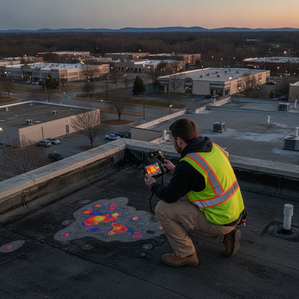 Infrared thermography scan detecting wet insulation on a Greenville commercial roof