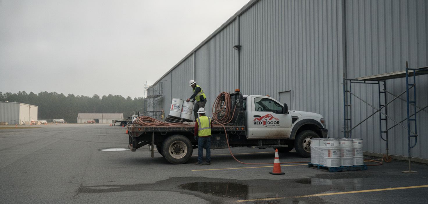 Commercial roofing crew arriving at a Greenville SC coating job