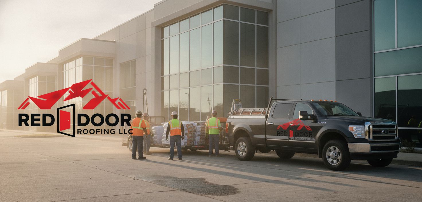 Commercial roofing crew arriving at a Huntsville AL building for a scheduled maintenance visit