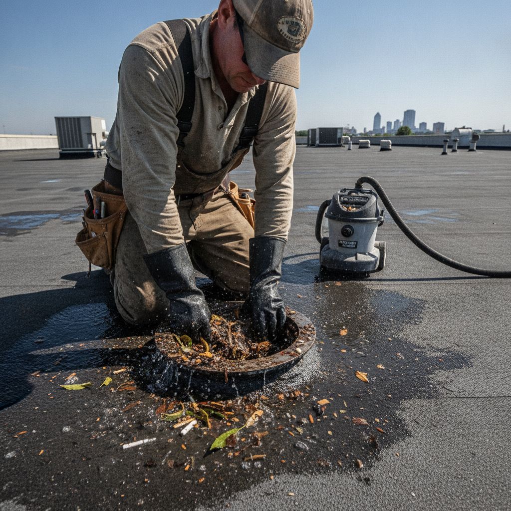 Roofer clearing debris from a flat roof interior drain during a maintenance visit