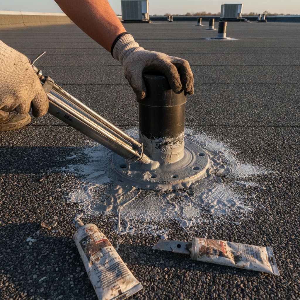 Roofer sealing a pipe boot penetration during a scheduled commercial roof maintenance visit