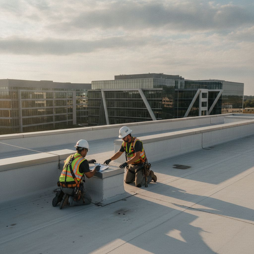 Commercial roofers inspecting a flat TPO roof on a Huntsville office building