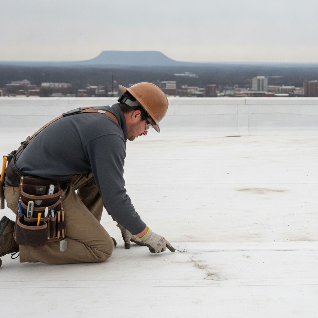 Commercial roof inspector examining TPO membrane seam on a flat roof in Chattanooga TN with Lookout Mountain in background