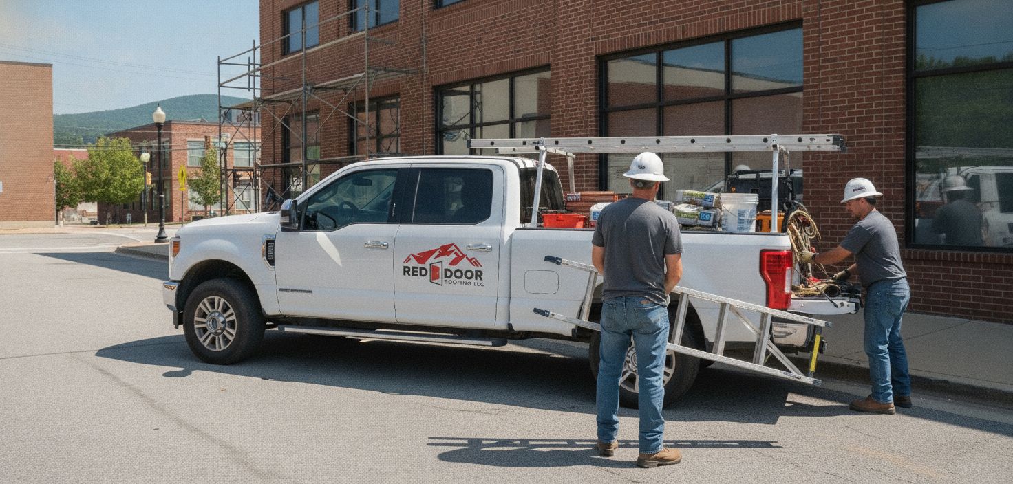 Commercial roofing crew truck parked at a Chattanooga commercial property job site