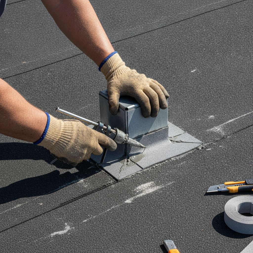 Roofer performing targeted flashing repair around HVAC curb on commercial flat roof