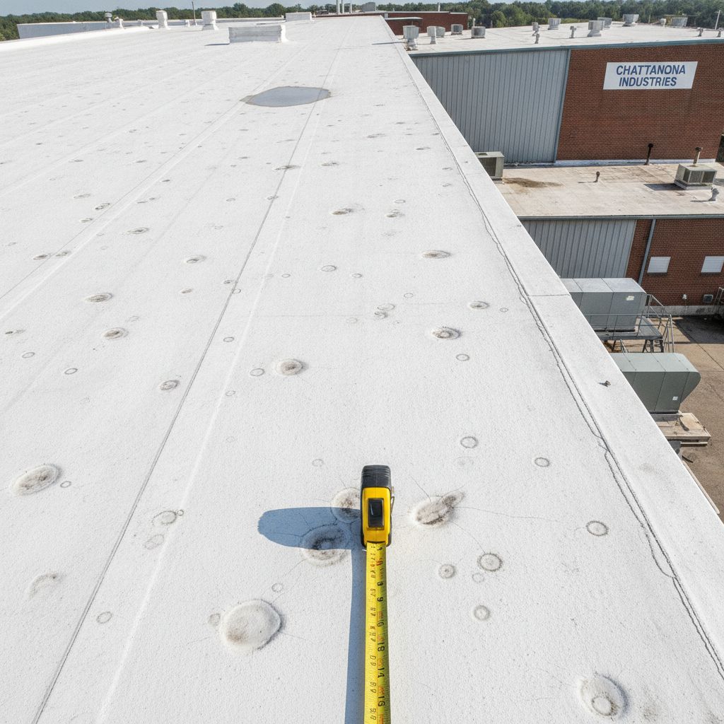 Widespread hail impact damage on TPO commercial roof membrane with tape measure for scale