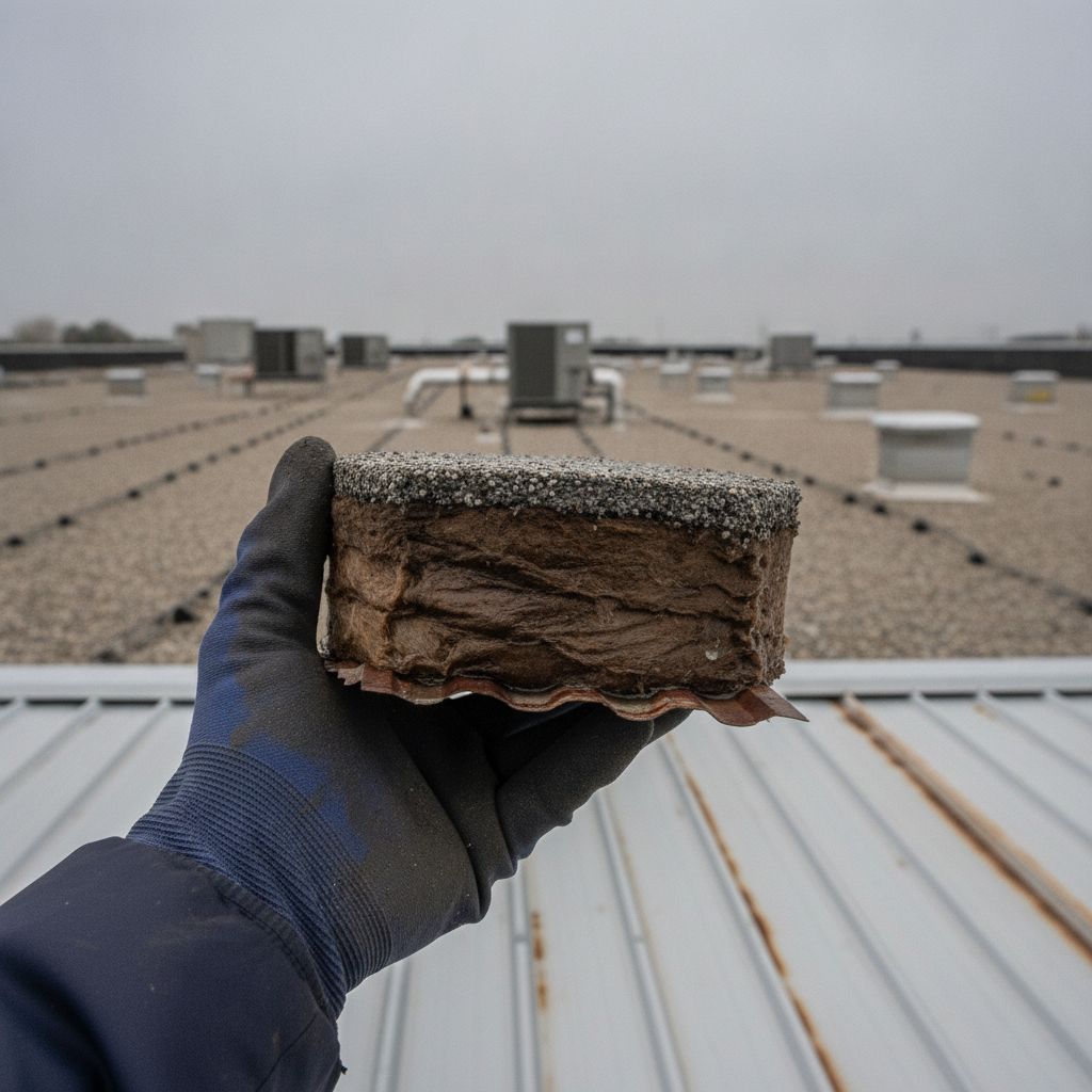 Core sample from commercial flat roof showing wet insulation board indicating moisture intrusion