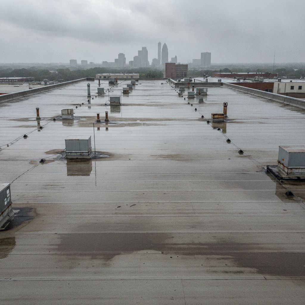 Ponding water on a commercial flat roof in Memphis after a rain event
