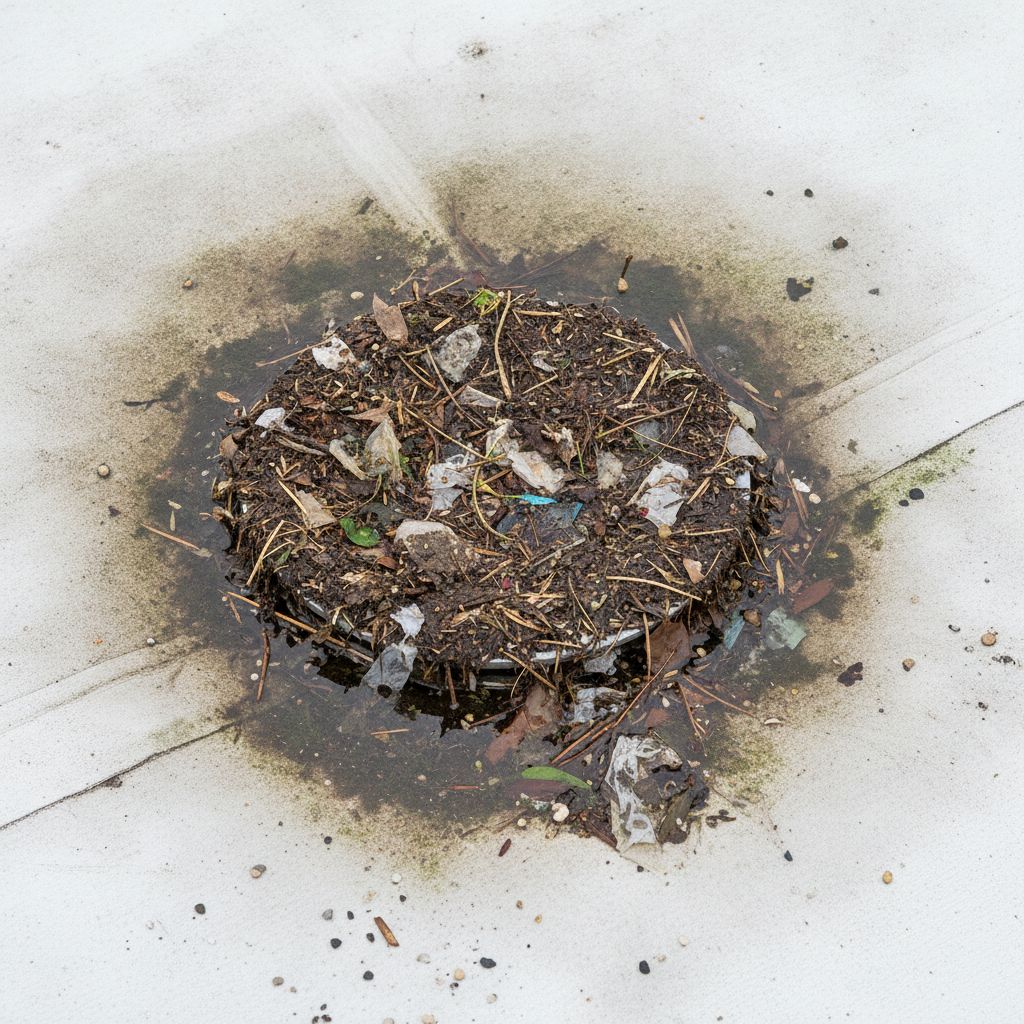 Clogged commercial roof drain with standing water and debris buildup