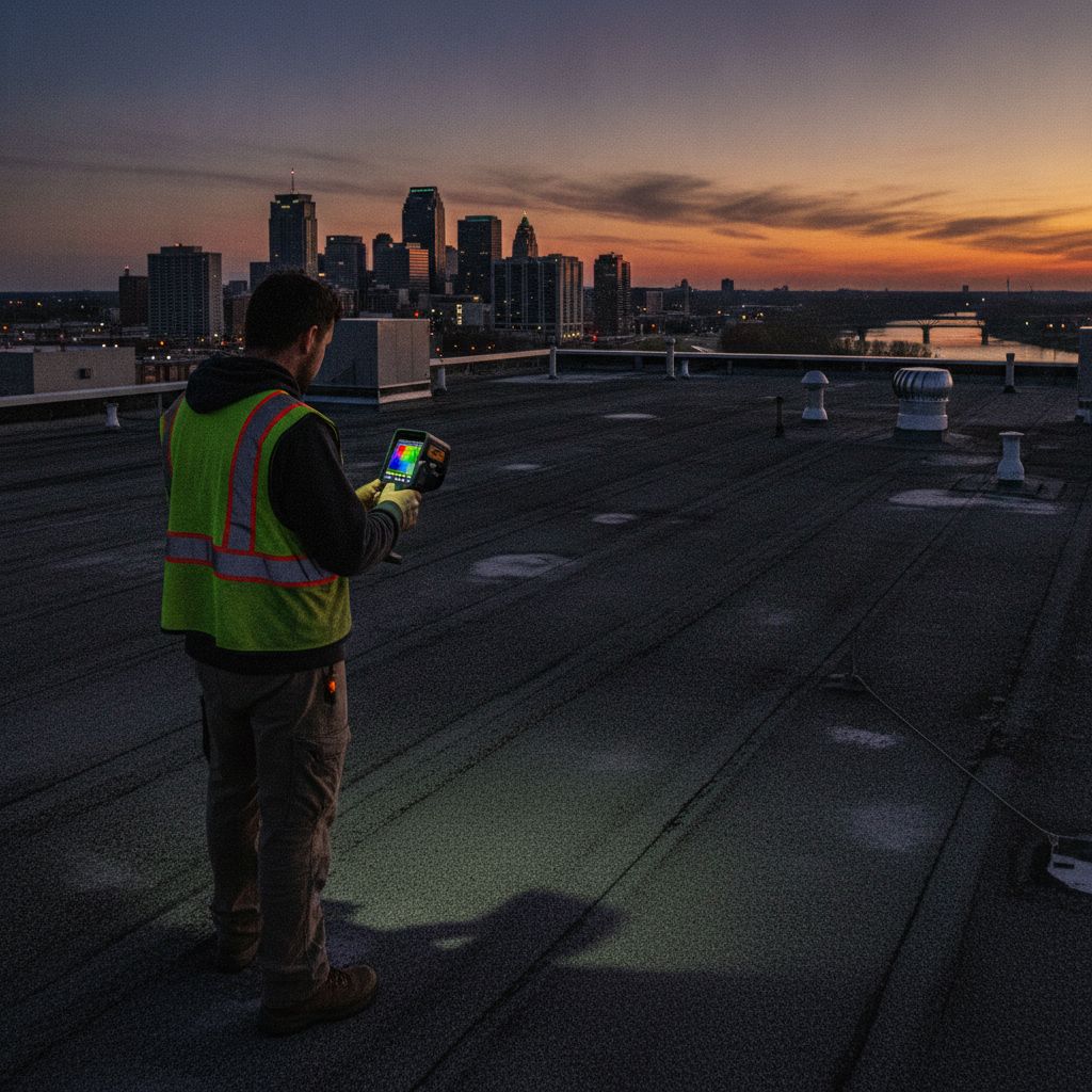 Roofing technician conducting infrared moisture survey on Memphis commercial flat roof