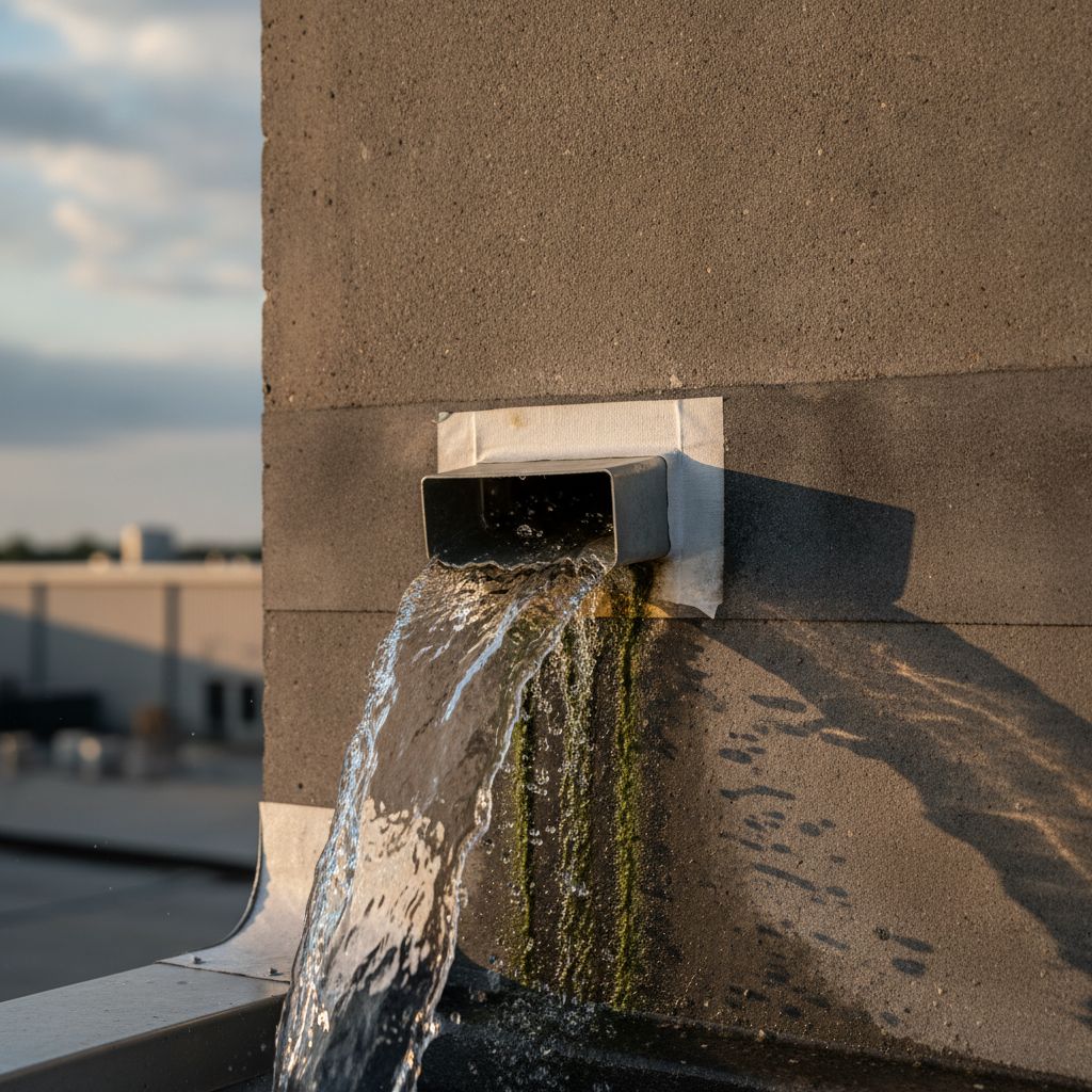 Commercial roof scupper at parapet wall showing drainage flow