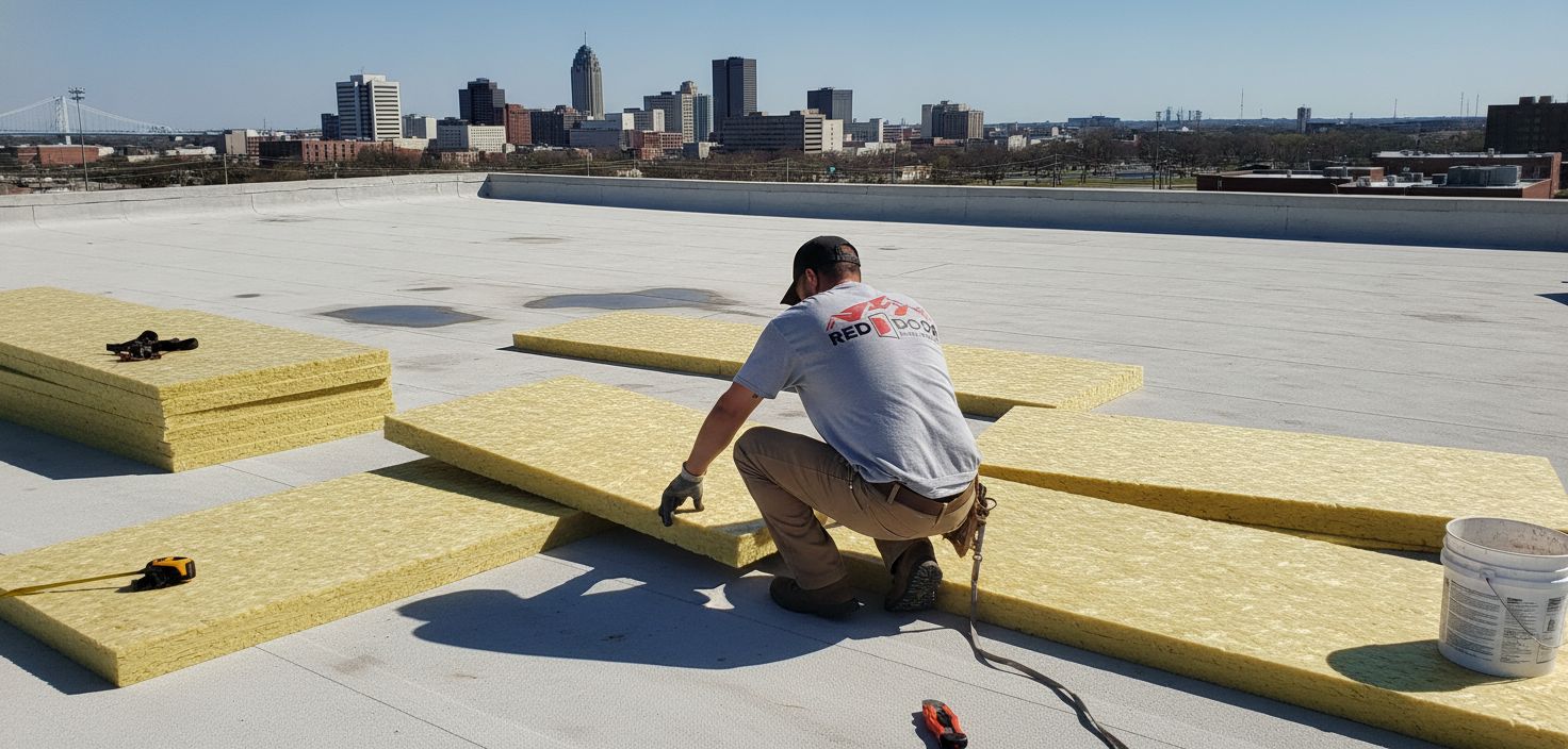 Commercial roofer installing tapered insulation to correct flat roof drainage