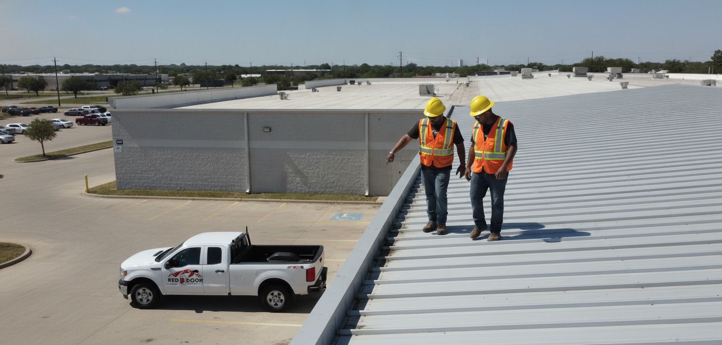 Commercial roofing crew inspecting standing-seam metal roof in Dallas after a hail storm