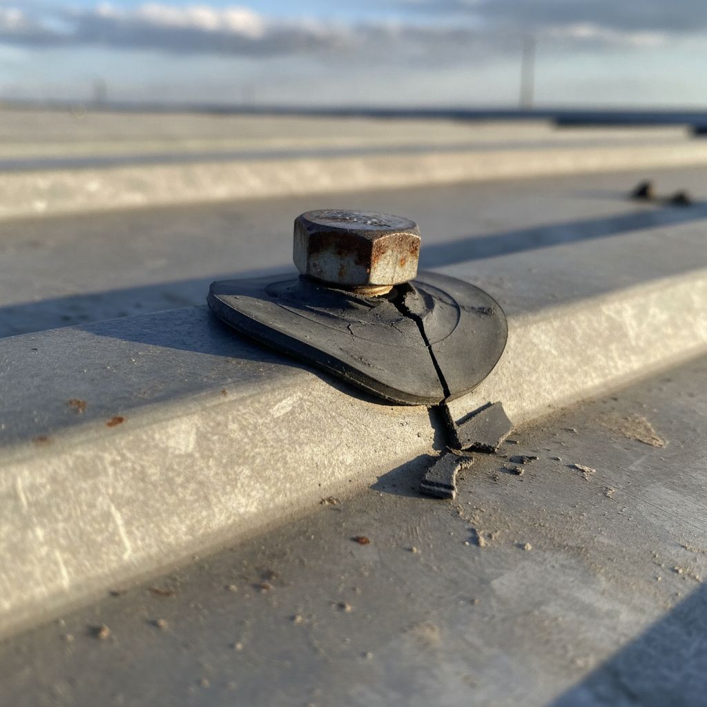 Cracked neoprene fastener gasket on an exposed-fastener commercial metal roof after hail impact