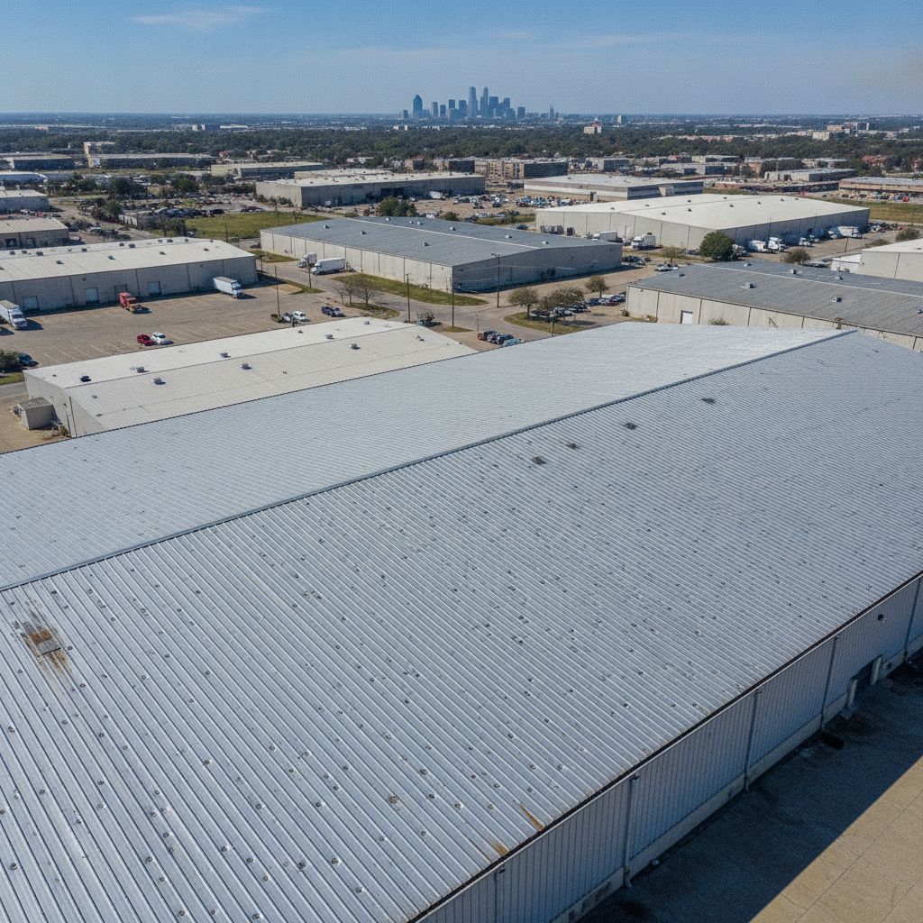 Aerial view of hail-damaged standing-seam metal roof on a Dallas commercial building