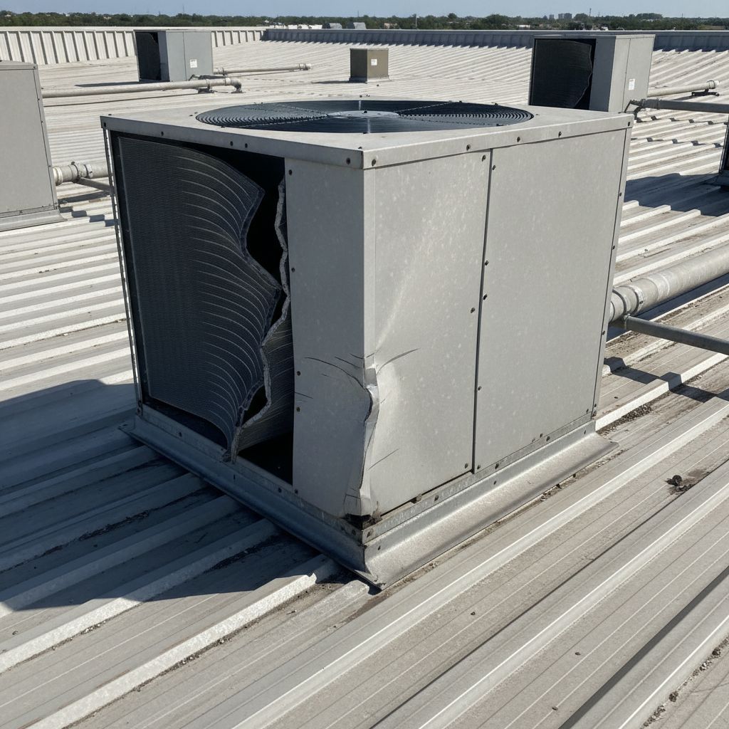 Hail-damaged rooftop HVAC unit with bent fins on a Dallas commercial property