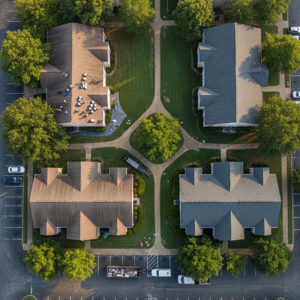 Aerial view of a garden-style apartment complex in Nashville with a phased roof replacement in progress