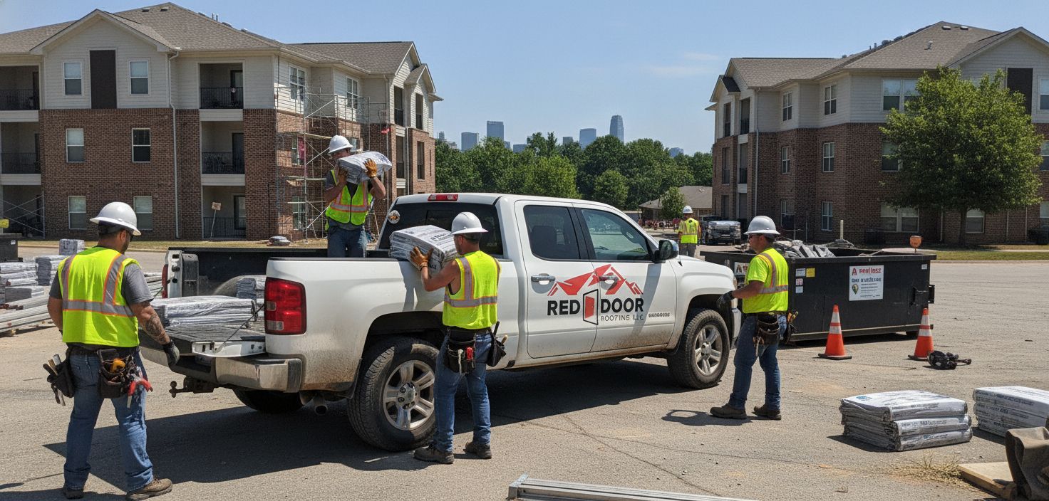 Red Door Roofing crew truck at a Nashville multifamily roof replacement jobsite