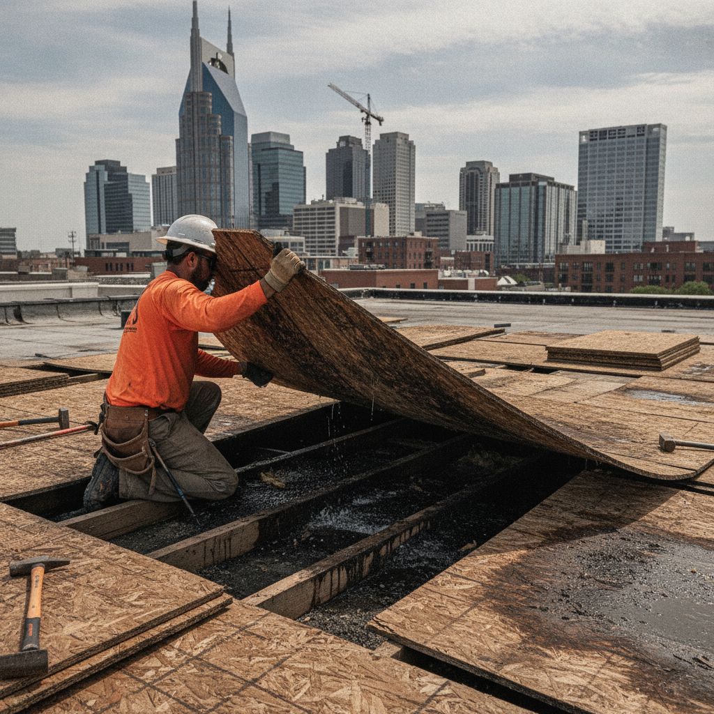 Roofer inspecting damaged OSB decking during multifamily roof replacement in Nashville