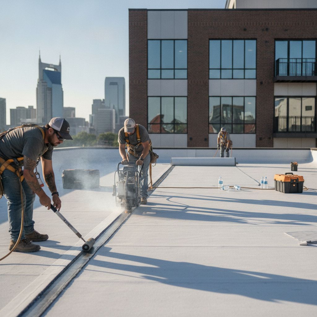 Crew installing TPO roofing on low-slope section of Nashville apartment complex
