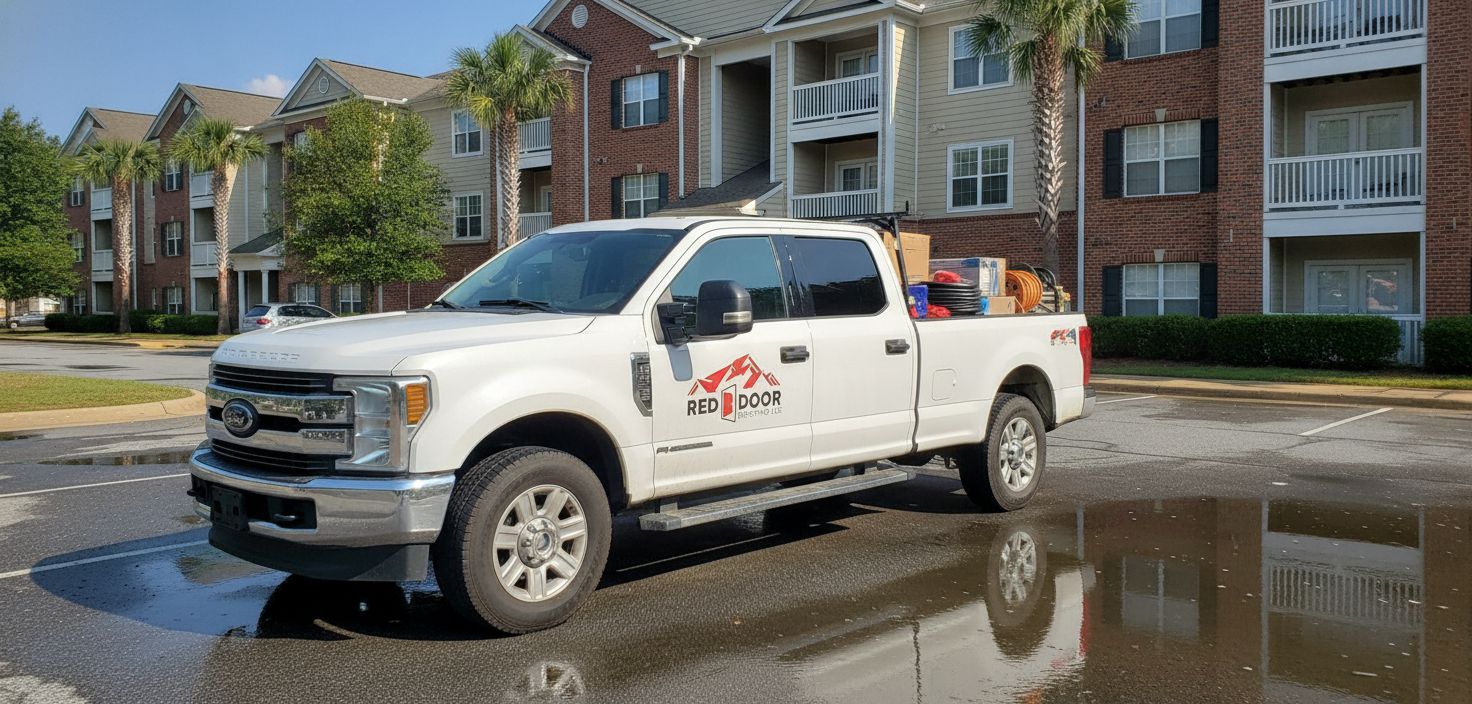Commercial roofing crew truck parked at a multifamily property in Charlotte NC for post-storm inspection