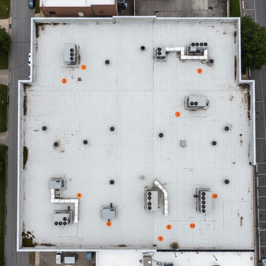 Drone aerial view of a commercial flat roof in Charlotte NC with numbered inspection reference points
