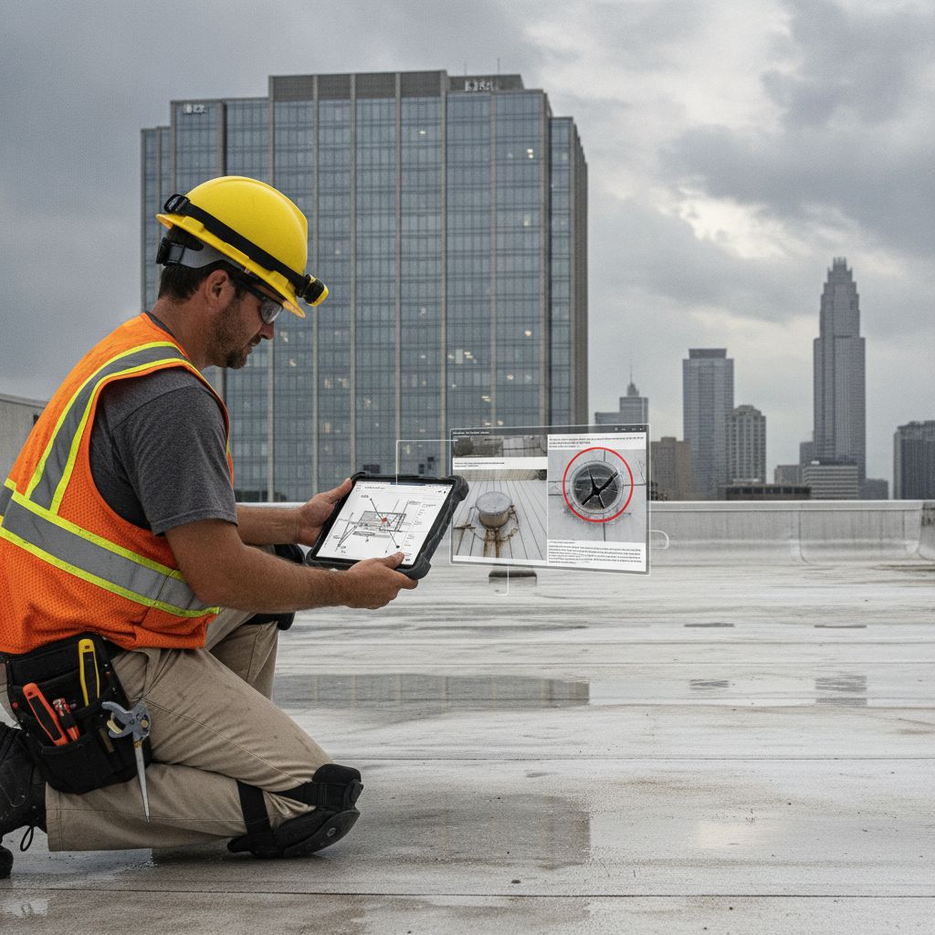Commercial roofing contractor reviewing storm damage inspection report on a flat roof in Charlotte NC