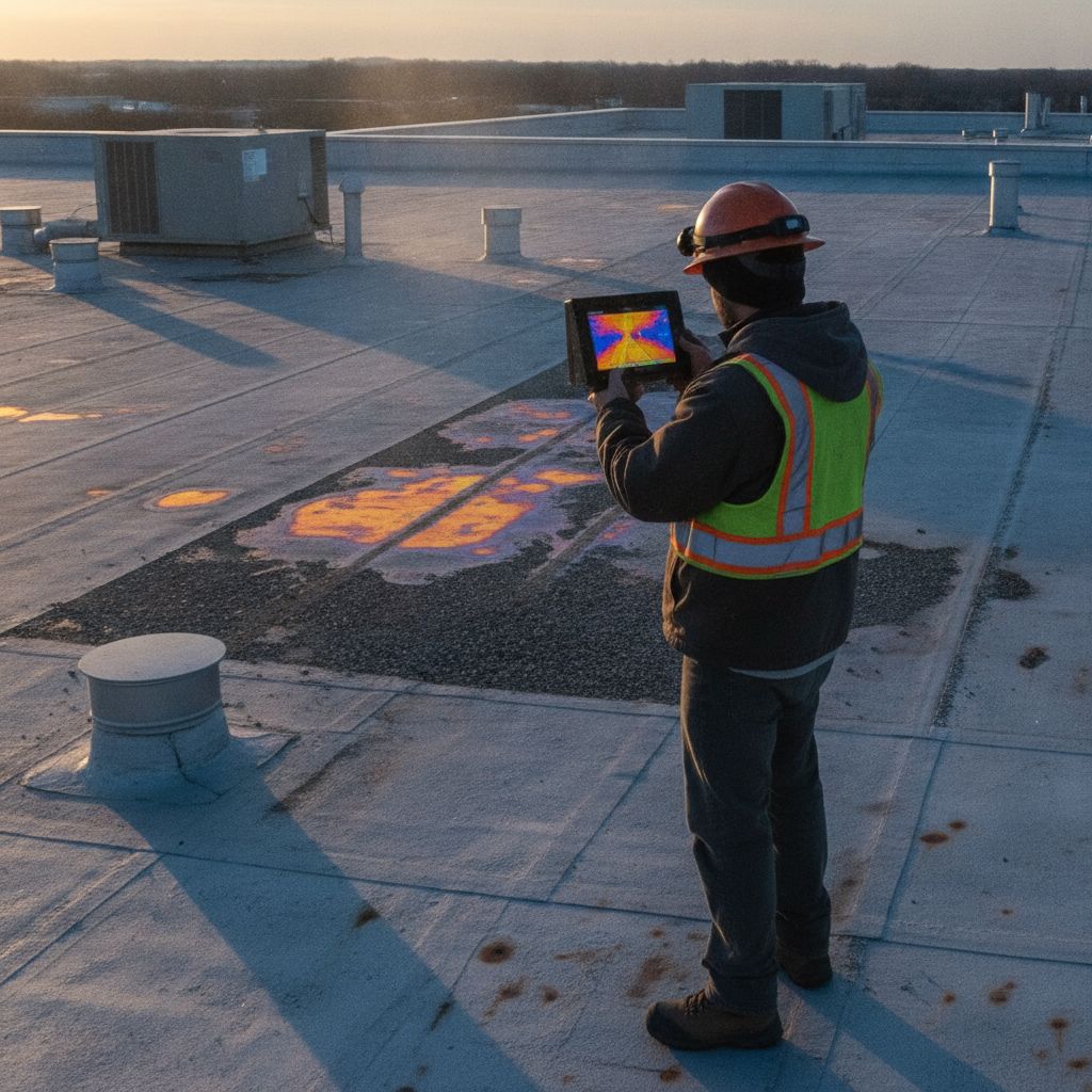 Roofing technician performing infrared thermography scan on a commercial roof to locate trapped moisture