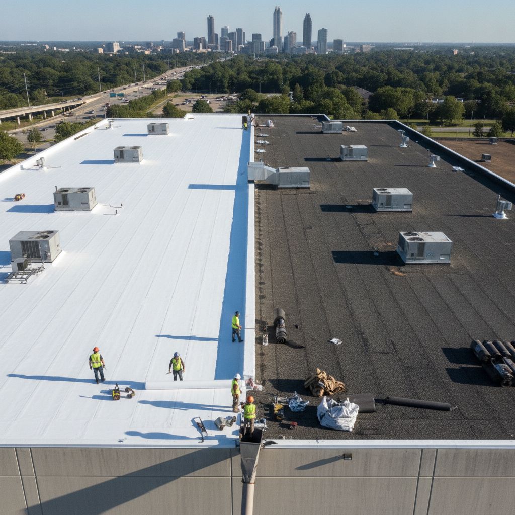 Commercial flat roof replacement in Atlanta showing TPO and modified bitumen membranes side by side during installation
