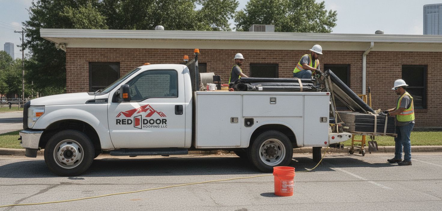 Commercial roofing crew truck at an Atlanta flat roof jobsite