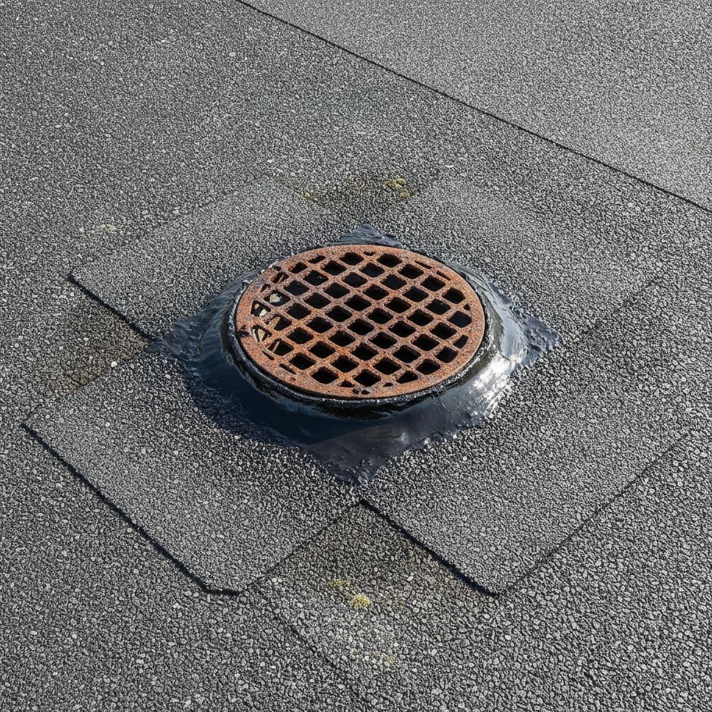Modified bitumen roof drain penetration detail on a commercial flat roof