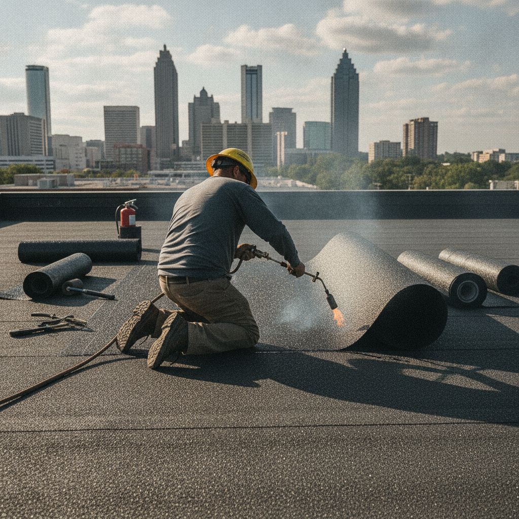 Torch-applied modified bitumen cap sheet installation on a commercial flat roof in Atlanta