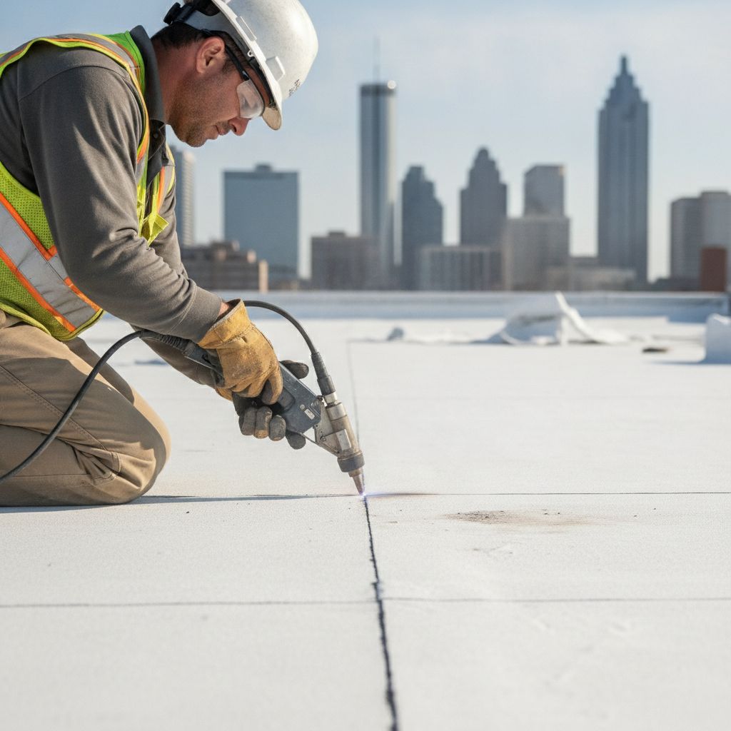 Roofer heat-welding a TPO seam on an Atlanta commercial flat roof