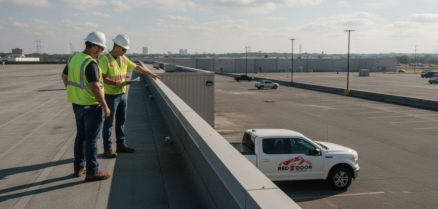 Commercial roofing crew conducting a pre-winter roof inspection on a Birmingham warehouse