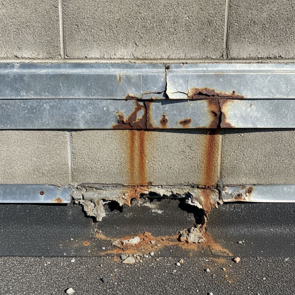 Failing counterflashing and caulk separation at a warehouse parapet wall