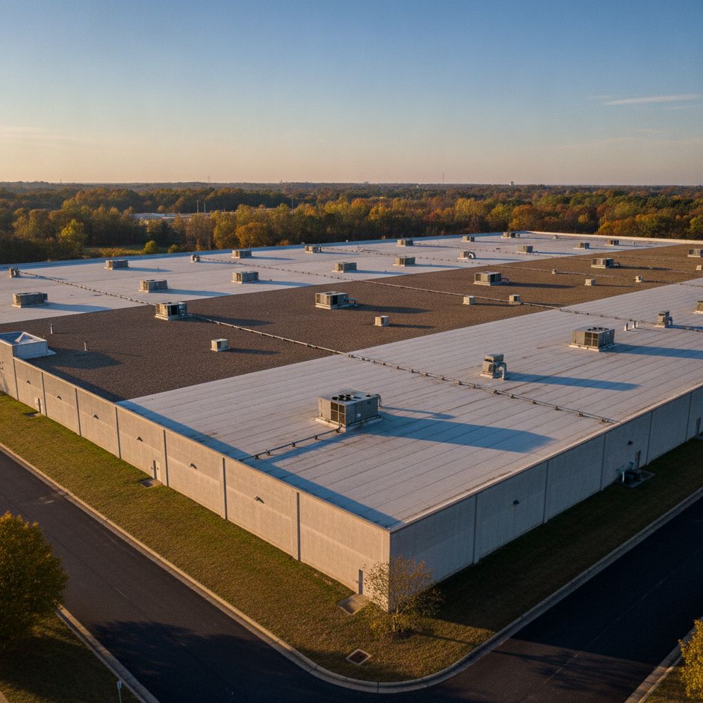Aerial view of a large commercial warehouse roof in Birmingham, Alabama before winter inspection