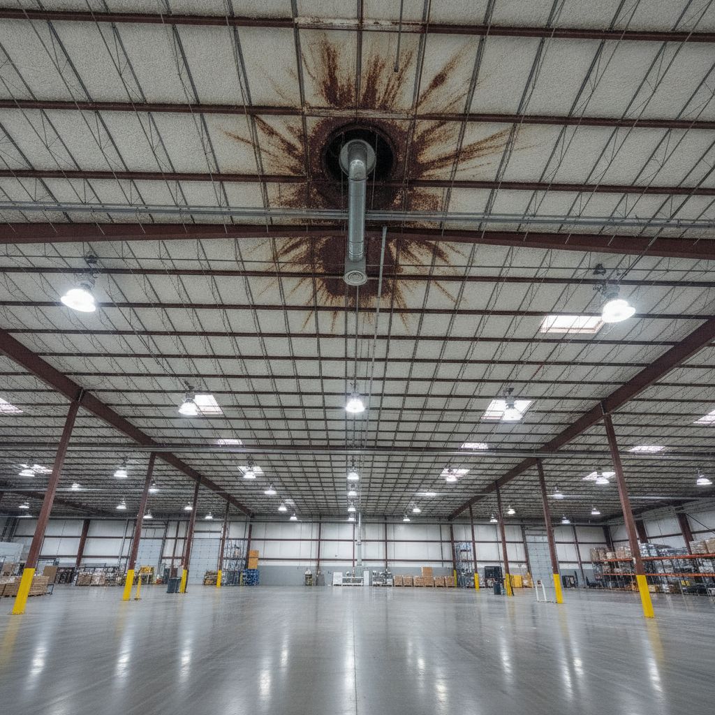 Water stain on warehouse ceiling insulation indicating active roof leak