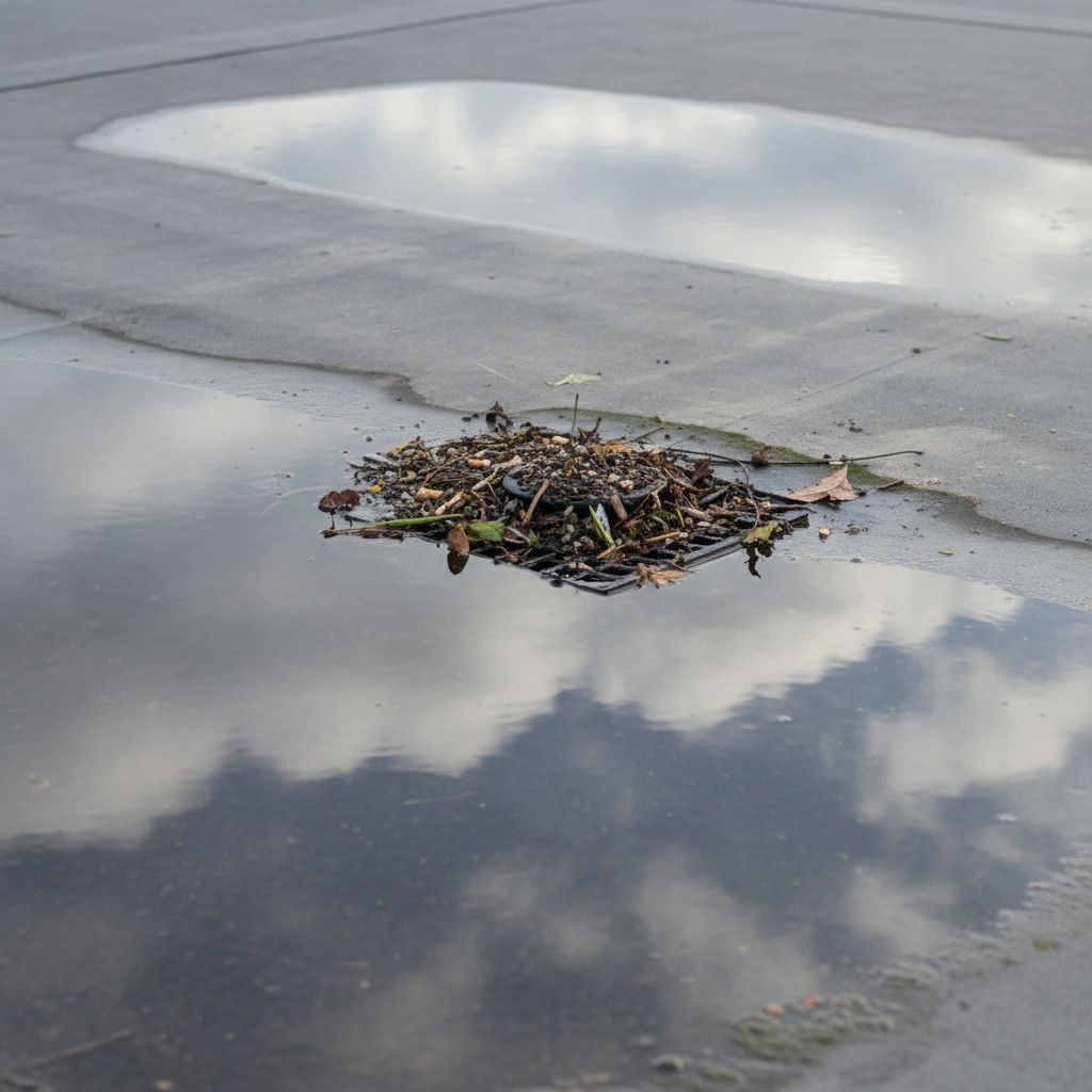 Ponding water pooled around a clogged drain on a commercial flat roof